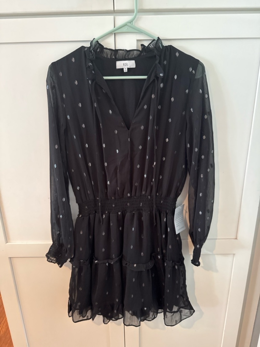 Women's Black Polka Dot Long-Sleeve Tiered Dress